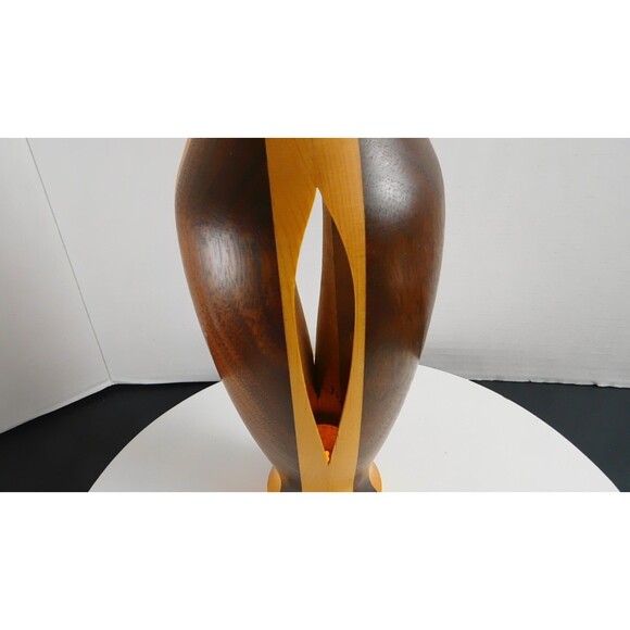 Hand Turned Wooden Vase Tea-Light Candle Holder Stripe Walnut Birch? Wood Decor - Picture 14 of 15